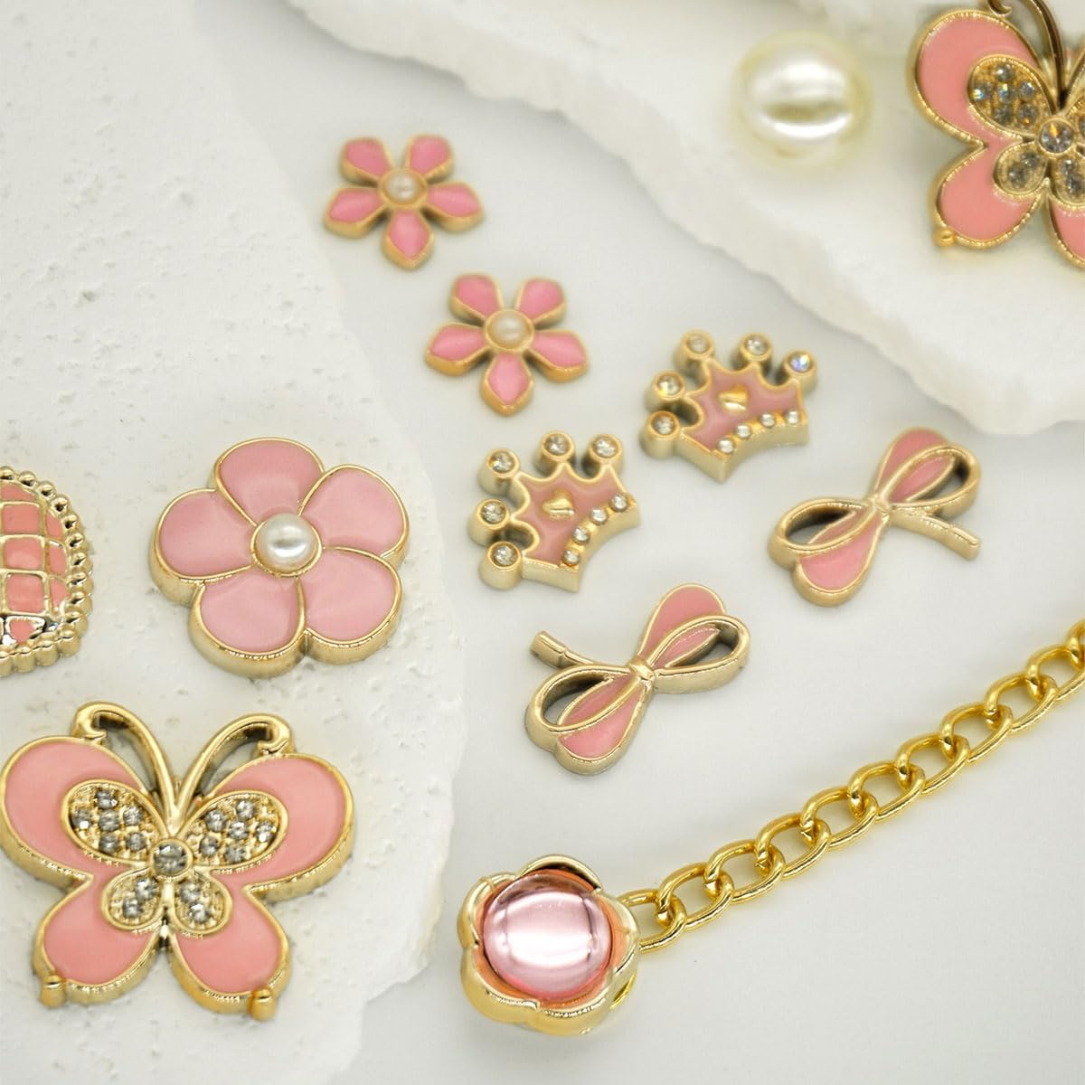 26PCS Bling Shoe Charms Set with Pearls, Flowers & Chains