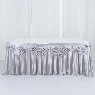 Efavormart Silver Satin Double Drape Table Skirt for Kitchen Dining Catering Wedding Birthday Party Decorations Events 14ft