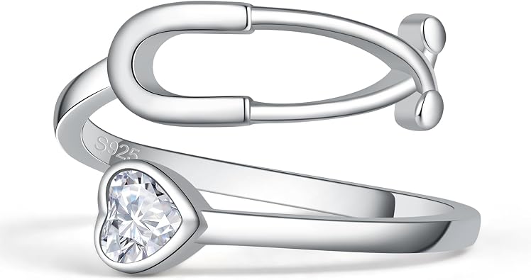 BEILIN Stethoscope Birthstone Rings for Women 925 Sterling Silver Adjustable Heartbeat Ring Nurse Doctor Jewelry Graduation Gifts for Medical Student