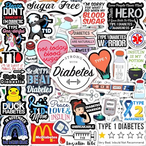 Image of 100Pcs Funny Diabetes Stickers for Water Bottle & Laptop - Gifts for Diabetics, Diabetes Awareness Month, Waterproof Vinyl Decals, Gifts for Women & Men