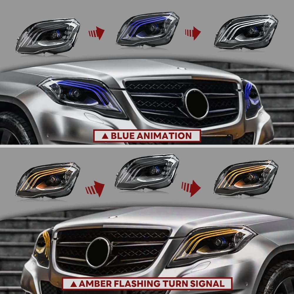 Headlights for Mercedes Benz GLK250/ GLK300/ GLK350 2013-2015 Projector Headlamp with Blue Animation Amber Switchback Driver & Passenger Side Front Head Lamp, No Bulbs Need(Halogen Only)