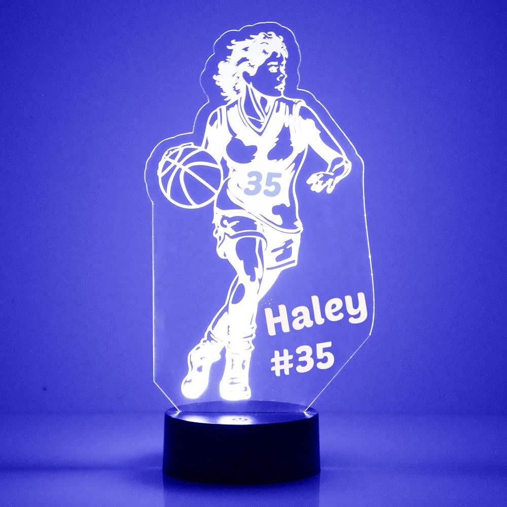 Custom Basketball Girl Sports LED Sign Night Light Lamp with Remote, Light Up Display with Personalized Name or Image, Customized, Made in The USA, Clear Acrylic Home Decor, 16 Colors, 4 Modes