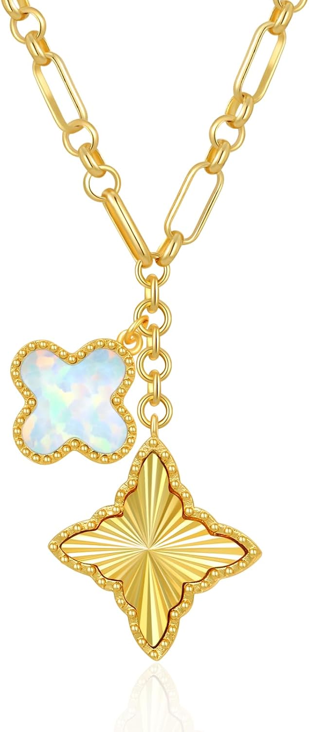 St. Patrick's Day Clover Necklace for Women, 14K Gold Four Leaf Clover Pendant Necklaces Lucky Dainty Trendy Jewelry Gifts for Women