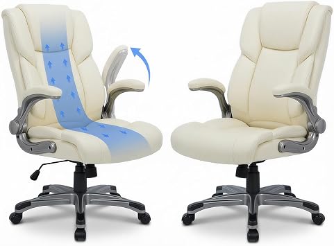 COLAMY Ergonomic Executive Office Chair, High-Back PU Leather Desk Chair with Flip-Up Armrests, Adjustable Inflatable Lumbar Support, Thick Seat Cushion, 90110 Recline, Pearl White,Set of 2