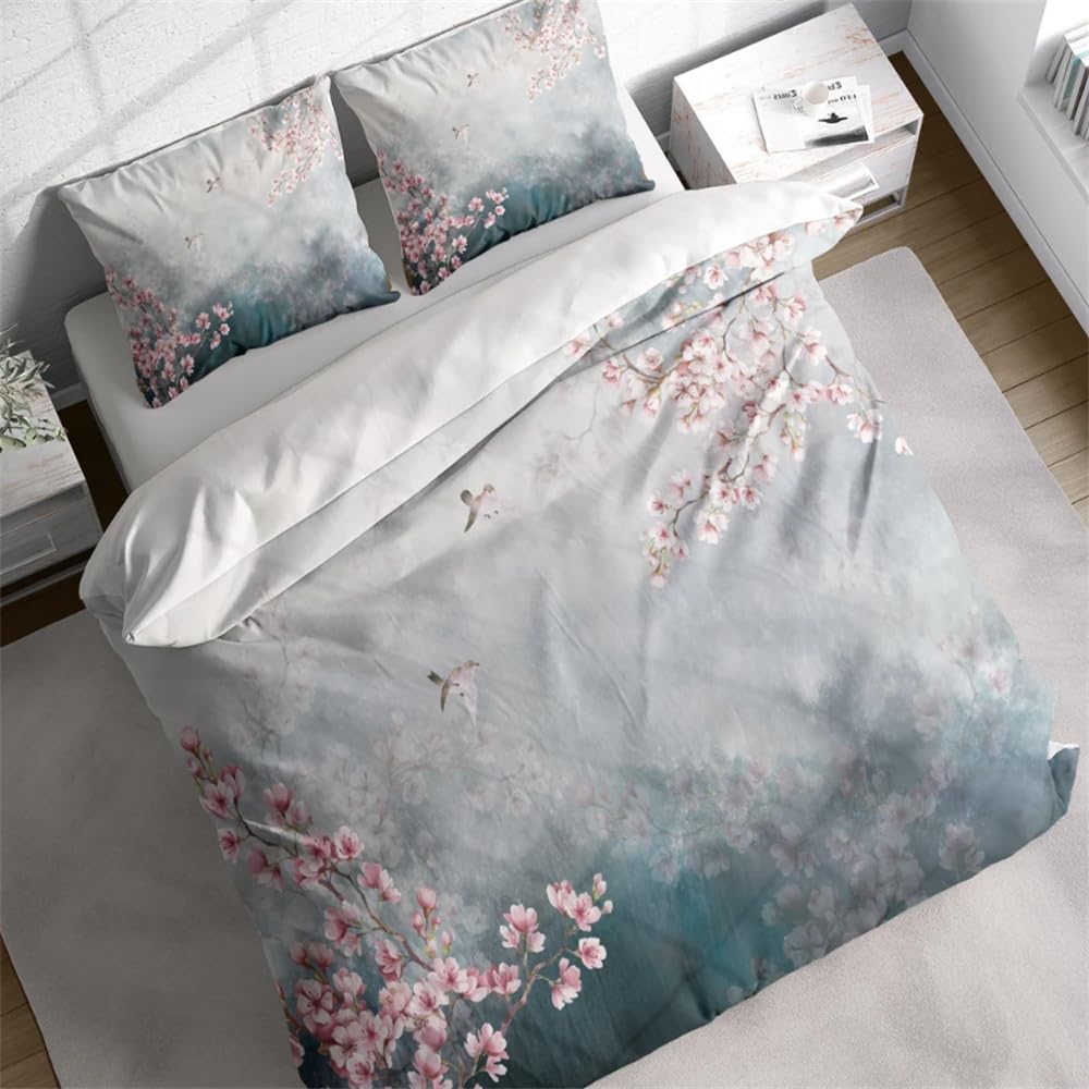 Housse de couette motif cerisier japonais pour une chambre zen et cocooning