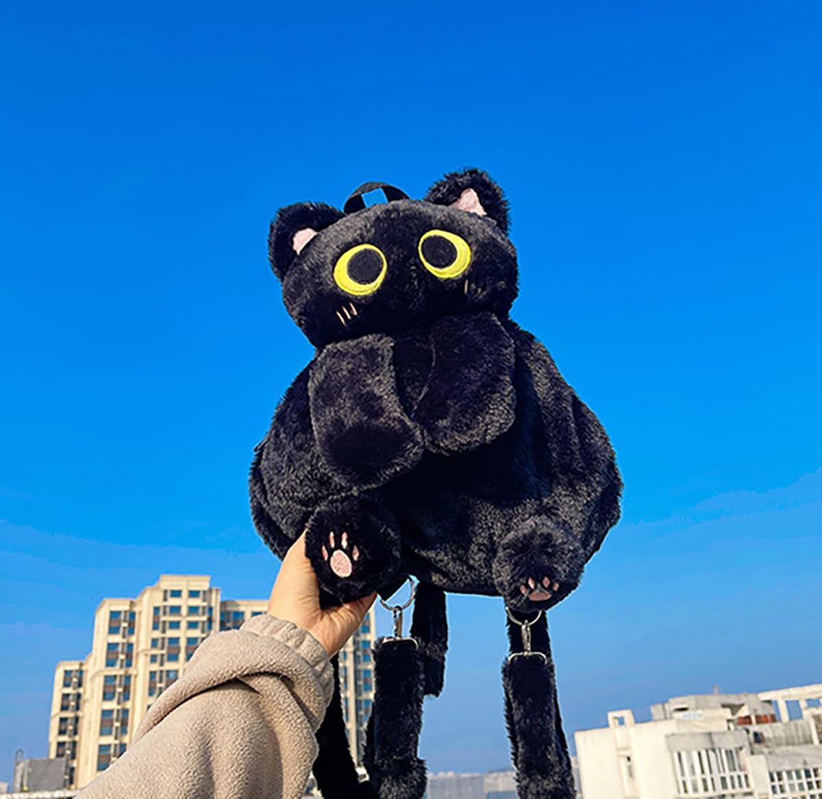 Girls Black Cat Plush Backpack – Stuffed Animal Cat Bag with Adjustable Straps, Perfect for Birthday Travel & Gifts (Black Cat)