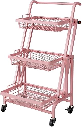 Carrito de metal de 3 niveles con asa y ruedas, carrito de almacenamiento multifuncional, estante móvil de esquina con cesta organizadora