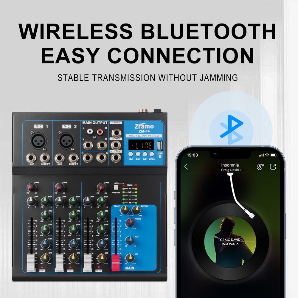 Professional Audio Mixer for keyboard guitar mics with Bluetooth, 4/7/10 Channel Mixing Console with USB Clean Audio Interface,Ideal for Rehearsals,Church and Karaoke live show (ZM-F4)