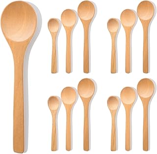 12pcs Wooden Spoons Set - Premium Beech Wood Small Spoons in 3 Sizes (5", 6", 6.7") for Cooking, Eating, and Serving