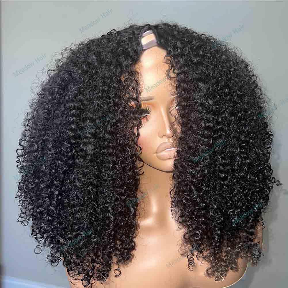 Afro Kinky Curly V Part Wig Human Hair Brazilian Virgin Upgrade U Part Wigs Glueless Afro Curly 180 Density Vpart Wig No Leave Out For Black Women 18Inch