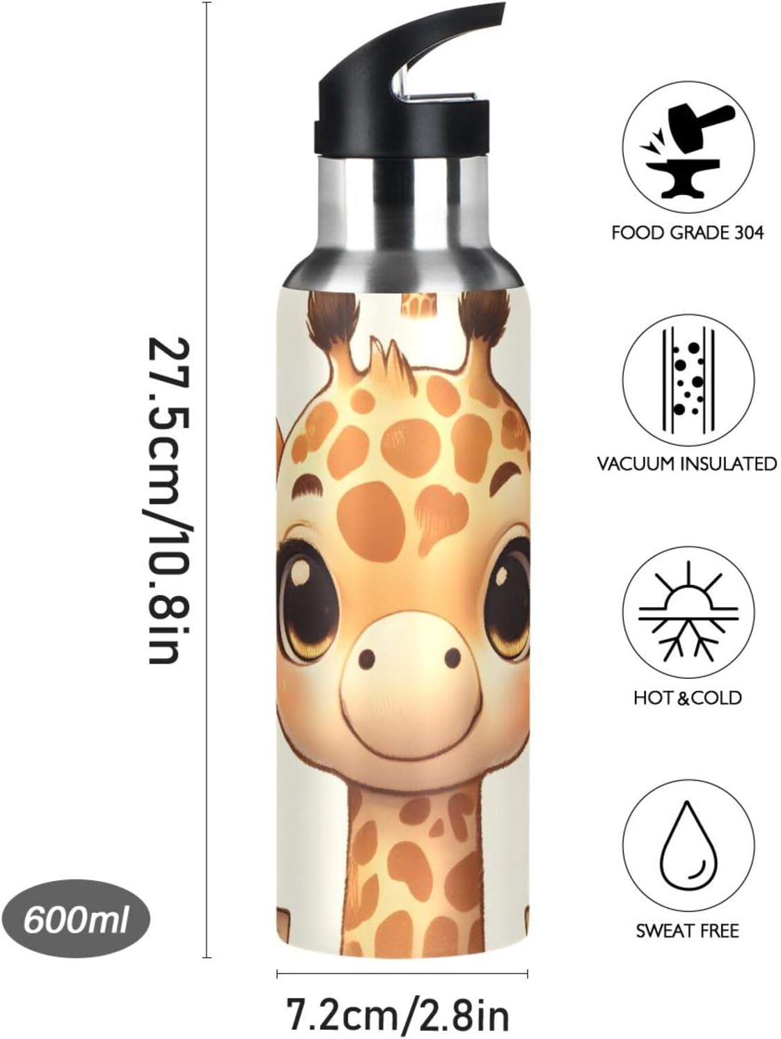 Cute Giraffe Face Pattern Water Bottles for Boys Kids Bottle Cups with Straw Lid Insulated Stainless Steel Leakproof Water Flask 20 oz