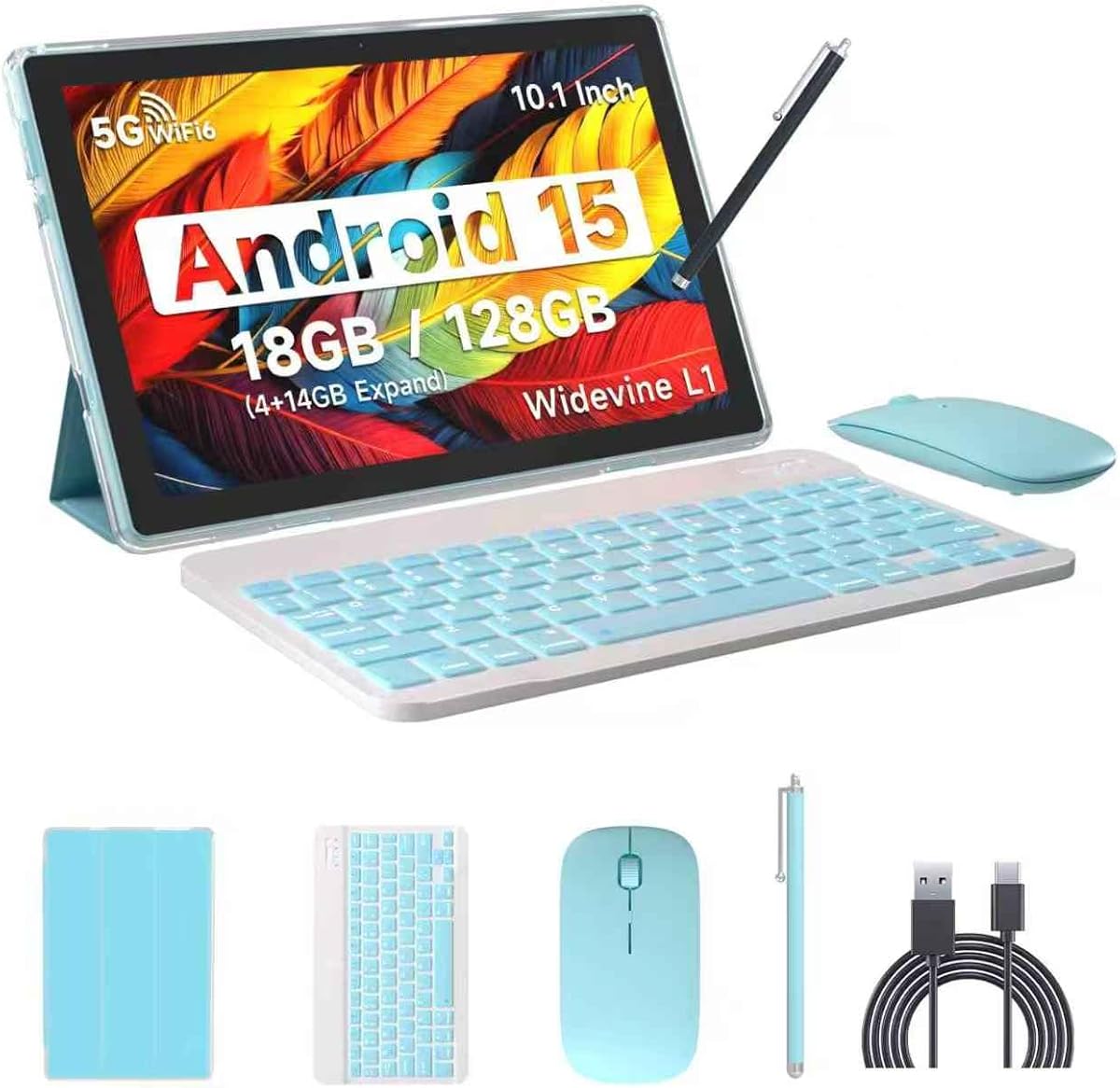 IWEGGO Android 15 Tablet, 10 Inch 18GB RAM+128GB ROM/ 2TB Expandable Tablet, 2.0GHz Quad-core Processor, 1280*800 HD Touch Screen, 5G WiFi6 BT 5.0, 2 in 1 Tablets with Keyboard Case Mouse Stylus Blue