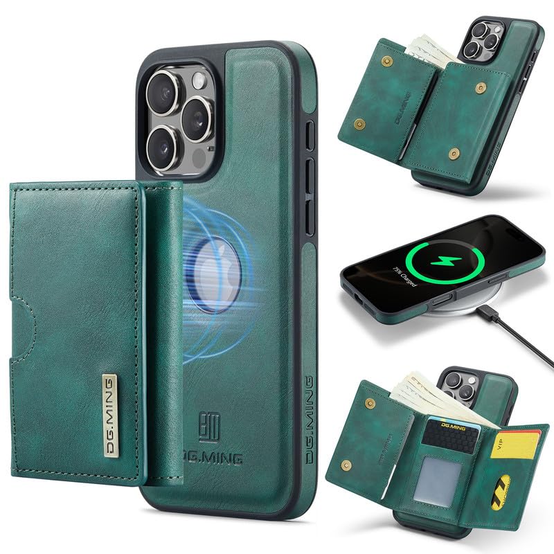 Étui en cuir magnétique 2 en 1 pour iPhone 16 Pro portefeuille RFID vert