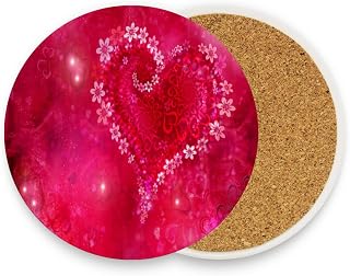 Valentines Day Love Heart Drink Coaster with Cork Base, Round Moisture Absorbent Coasters Set Tabletop Protection Prevent Furniture Damage