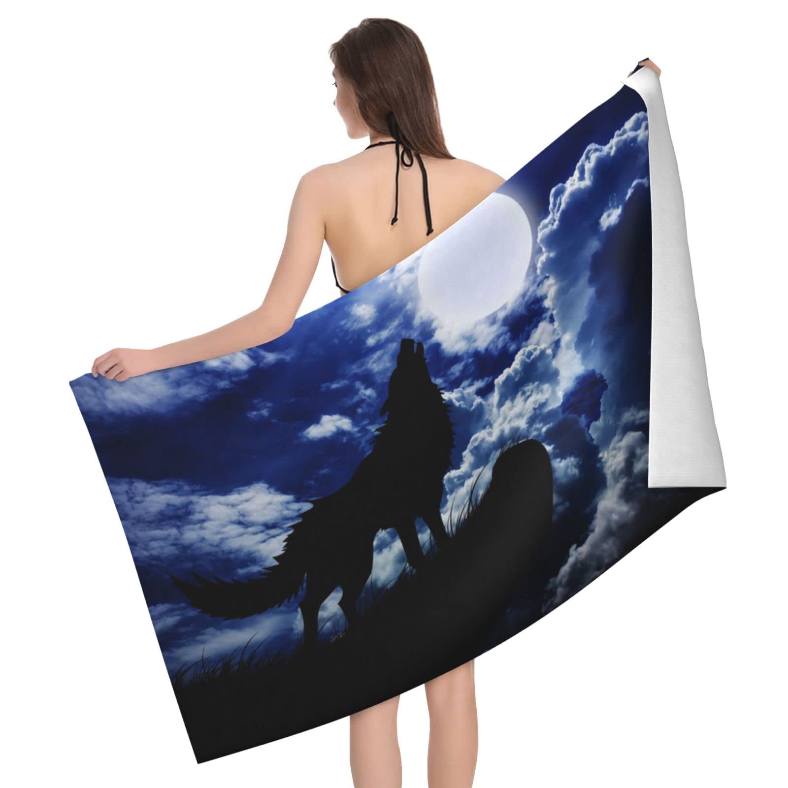 Lawenp Wolf at Night Beach Towel, Lightweight Sand Free Quick Dry Microfiber Absorbent Bath Towel for Kids, Adults, Swimming, Bath, Yoga, Pool, Travel, Camping 32"X52"