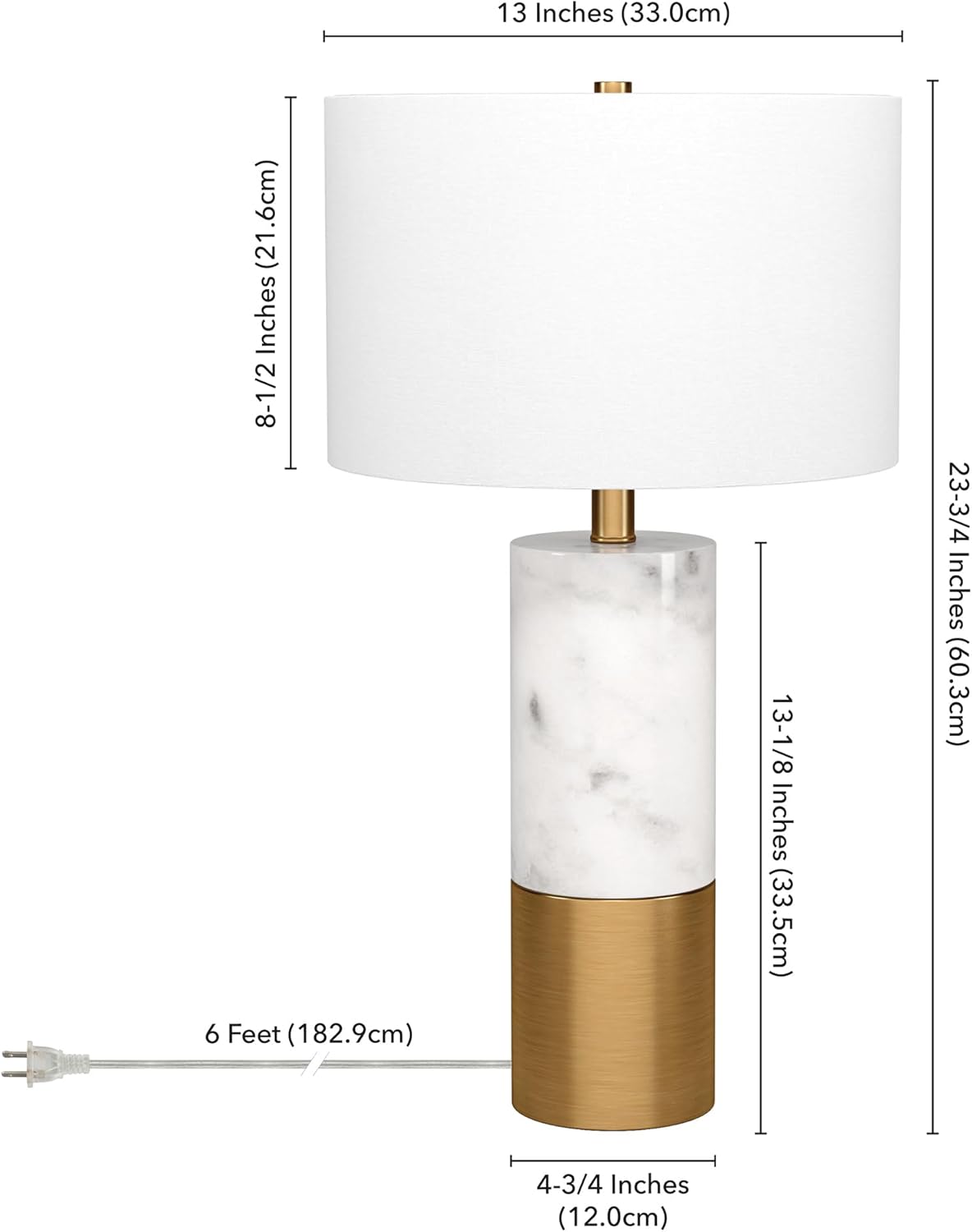 Henn&Hart 24" Glam 1-Light Table Lamp with White Fabric Drum Shade for Living Room, Bedroom, or Office, Carrara/Gold