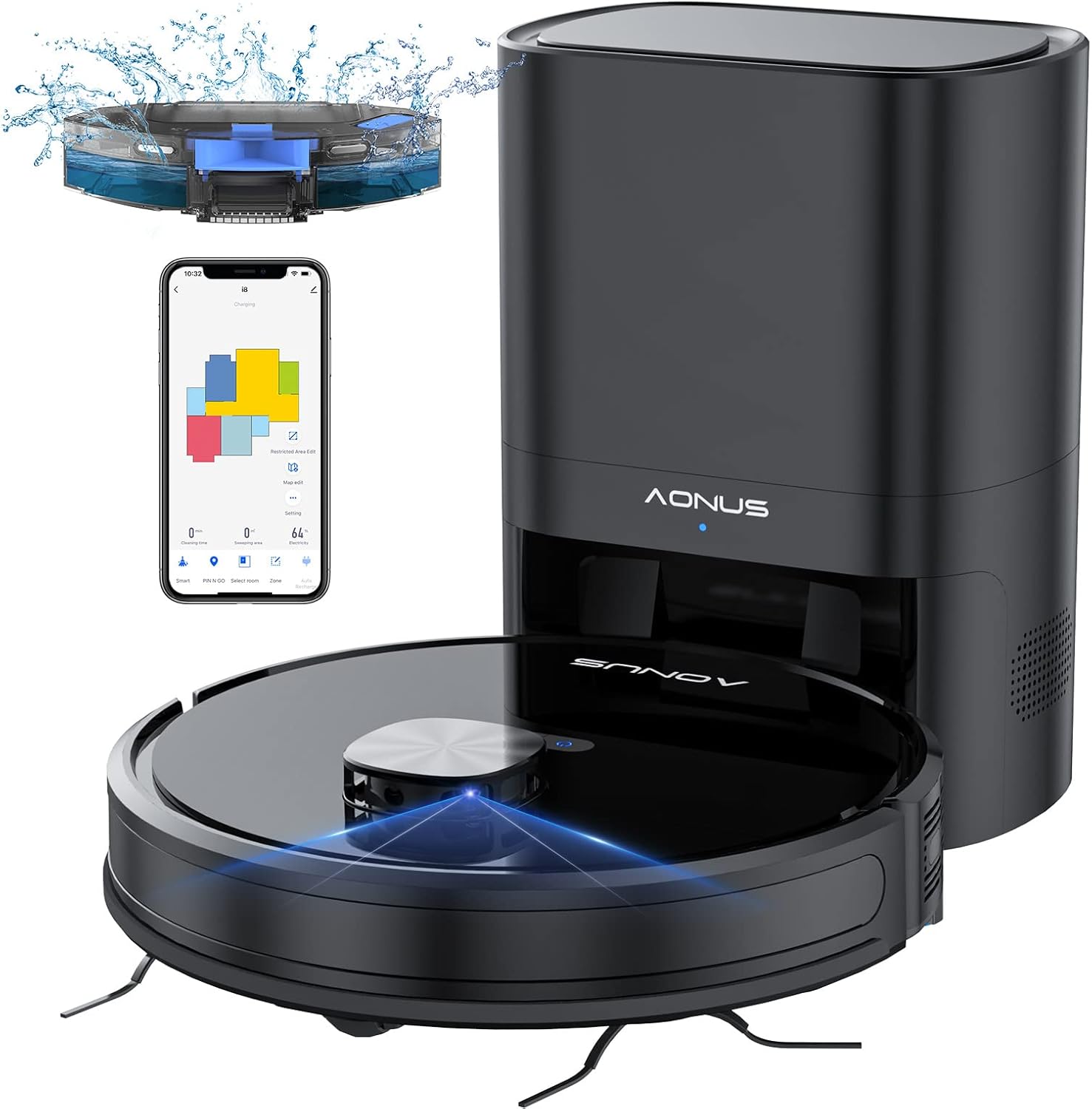 aonus i8 Robot Aspirapolvere Lavapavimenti con Mappatura, Aspirapolvere Robot 3700Pa con Stazione di Svuotamento, Navigazione Laser LDS, Pulizia Tipo Y, Induzione Tappeto, Controllo Wifi/App/Alexa aonus i8 Robot Aspirapolvere Lavapavimenti con Mappatura, Aspirapolvere Robot 3700Pa con Stazione di Svuotamento, Navigazione Laser LDS, Pulizia Tipo Y, Induzione Tappeto, Controllo Wifi/App/Alexa