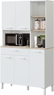 Habitdesign, großer Küchenhochschrank mit Mikrowellenfach, 5 Türen und 1 Schublade – platzsparender Küchenschrank in Artik weiß & Eiche, viel Stauraum, Maße: 108 x 186 x 40 cm (B x H x T), Modell Kira