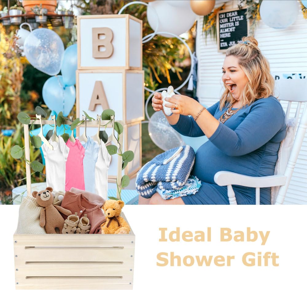 Okydoky Wooden Baby Shower Basket Crate Wardrobe, Gift Basket with Handle, Clothes Hanger and Garland, Storage Personalized Basket for Pregnant New Parents NO.LPL，Wood1