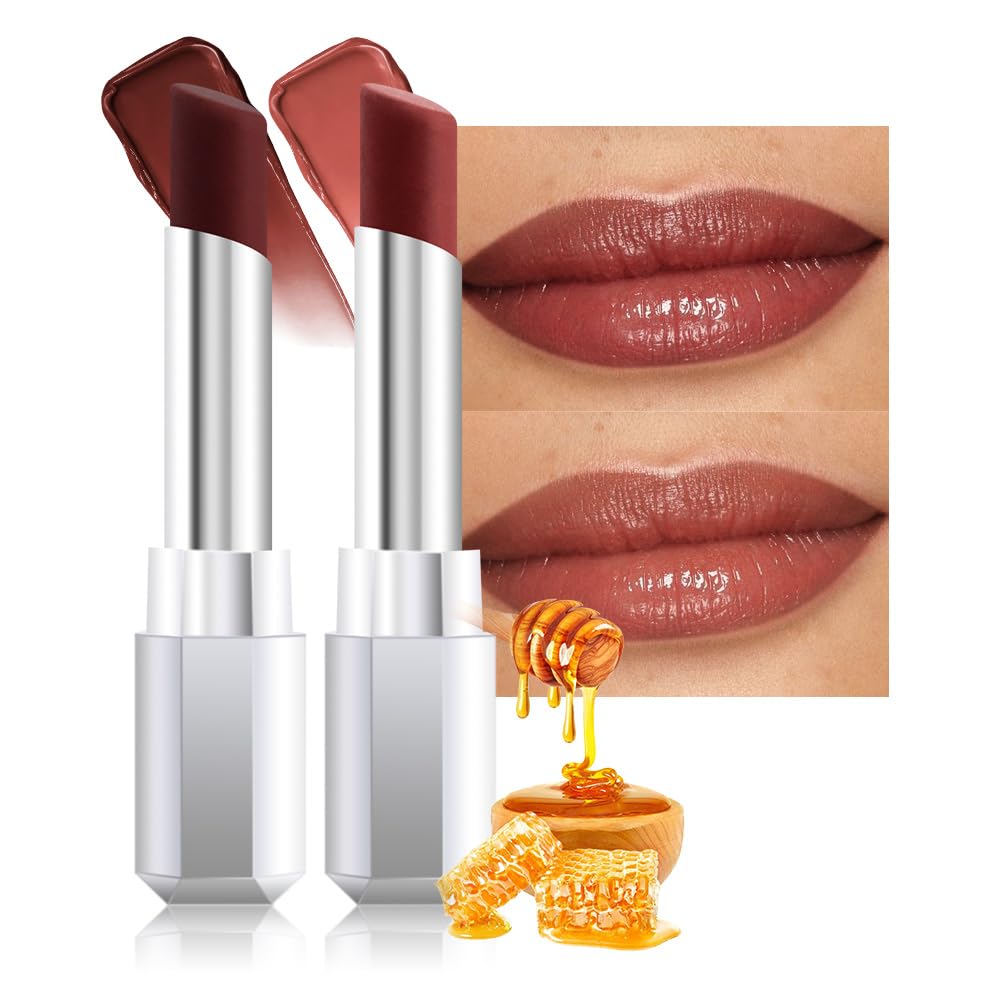 2Pcs Nude Brown Honey Lipstick Tinted Lip Balm, Moisturizing Tinted Lip Oil Stick Lipstick for Older Women, Sheer Lightweight Hydrating Nourishing Shine Tinted Lip Balm Color Gloss Tint Stain