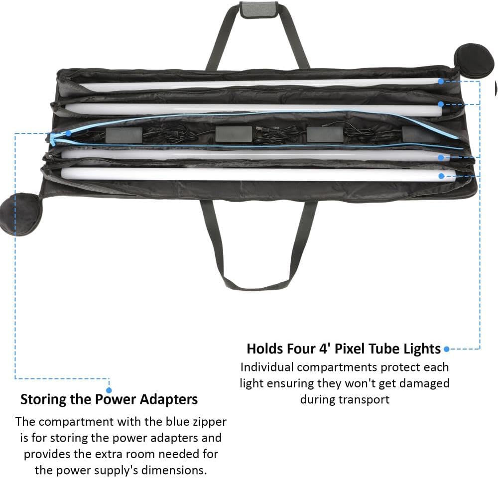 Genaray RGB Pixel LED Tube Light Carry Bag – Stores Four 4' Lights, Water-Resistant Cordura Fabric, Protective & Durable with Separate Padded Pockets, Padded Handle Wrap, and Power Adapters