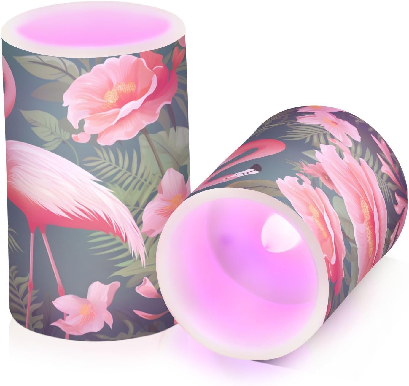 ALAZA Tropical Flower Pink Flamingo Flameless Candles, LED Pillar Candles with Remote Timer, Battery Operated Candles Set of 2