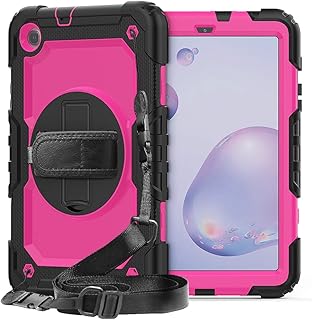 Samsung Galaxy Tab A 8.4 T307 T307U Case [Full-Body] & [Shock Proof] Hybrid Armor Protective Case with 360 Rotating Stand & Strap for Samsung Galaxy Tab A 8.4 T307 T307U - Black + Rose Red