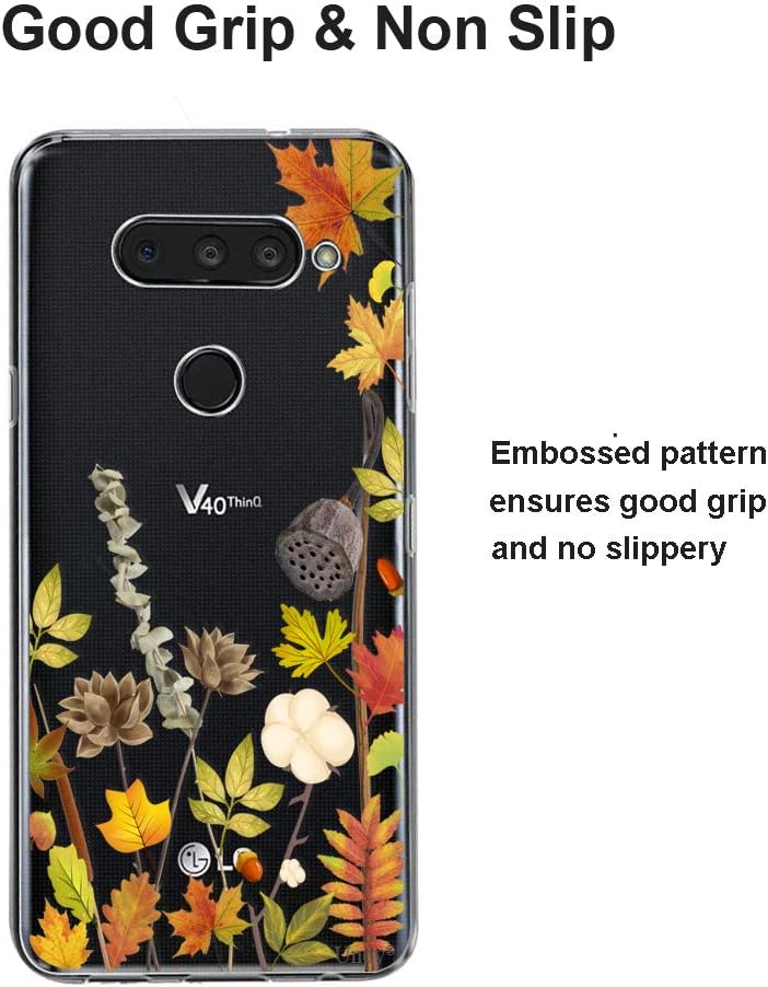 Unov Case Compatible with LG V40 ThinQ Case Clear with Design Soft TPU Shock Absorption Slim Embossed Pattern Protective (Leaves Lyrics)