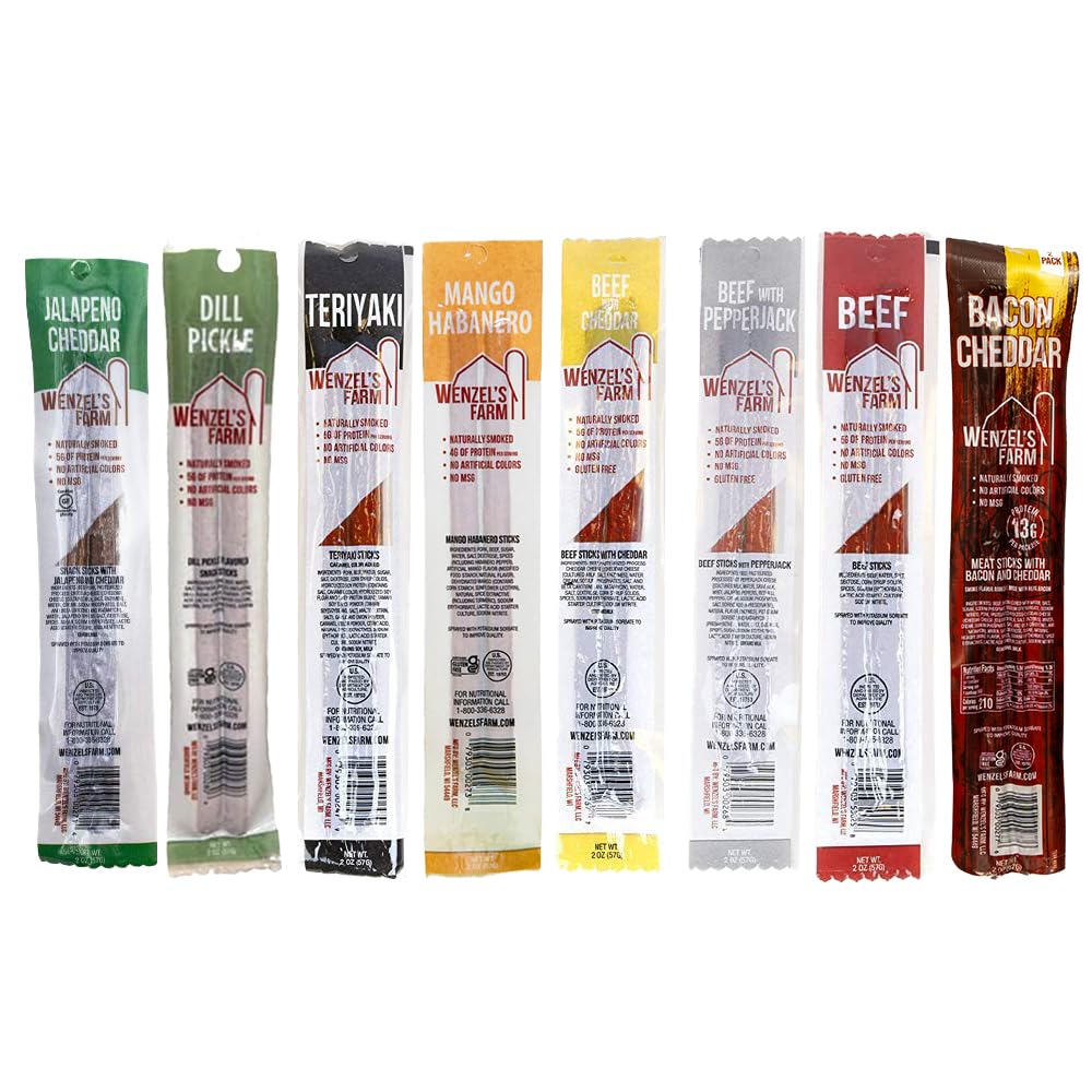 Wenzel’s Farm Variety Snack Sticks │Supports Active Lifestyles │ Flavorful, Natural Smoked │ High Protein, Low Carb │ No MSG, Fillers, Binders, Artificial Colors │ Gluten Free | 16 sticks (8 packs of 2) | New & Classic Variety
