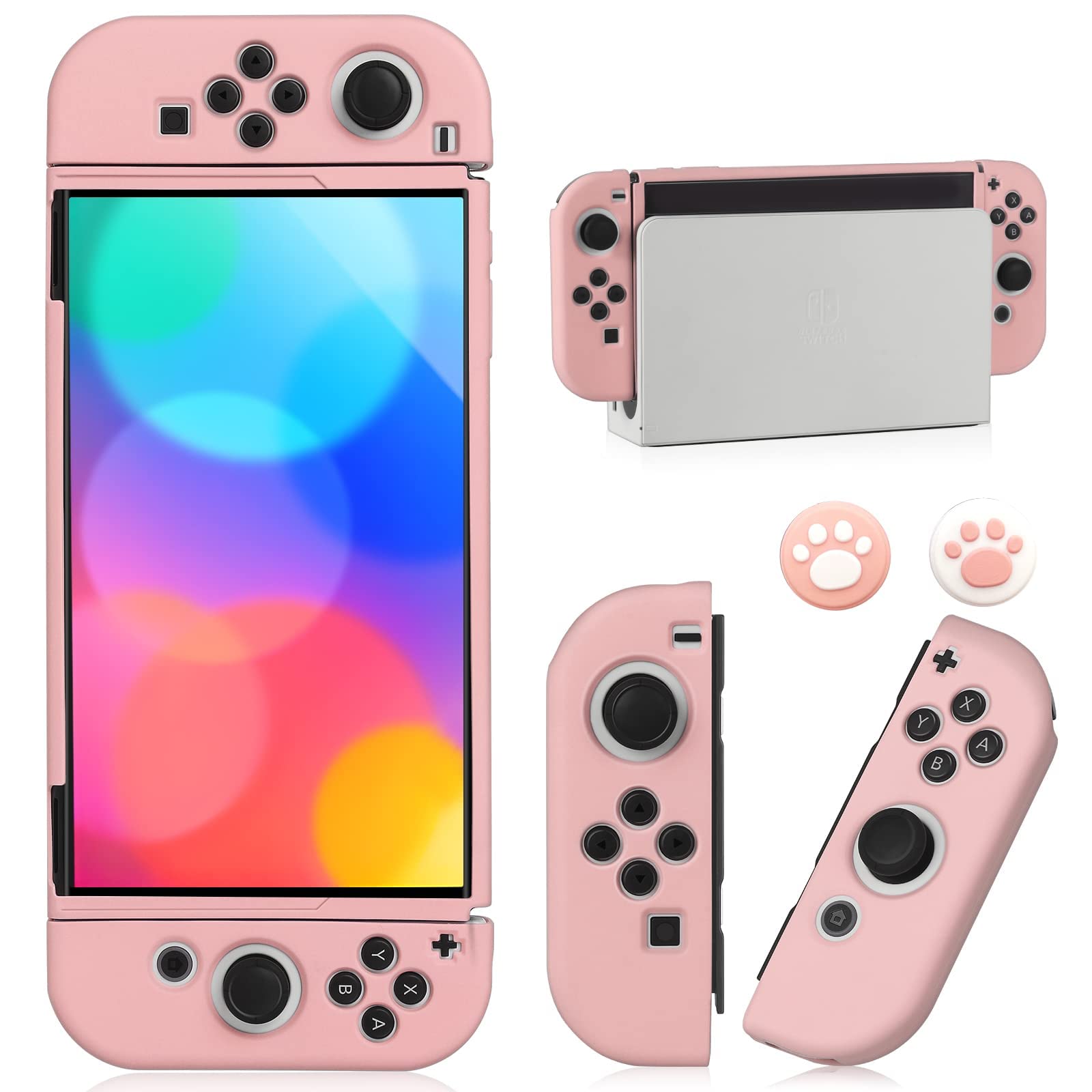 Switch OLED Case for Nintendo Switch OLED Model, Dockable Cover Soft TPU Protector Case for Switch OLED Grips & Console and Accessories with 2 Pcs Thumb Caps, Pink