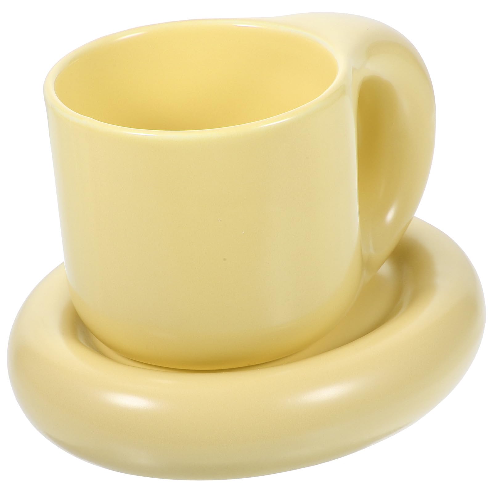 Kaffeebecher Grate in Gelb 300ml Keramik mit Untertasse Runde Kanten Stilvolles Design Cappuccino Tassen Satz für Büro und Zuhause