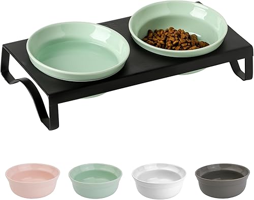 Juego de cuencos de cerámica verde para gatos, cuencos de comida y agua para gatos de 5 pulgadas de ancho, porcelana de alimentación elevada con