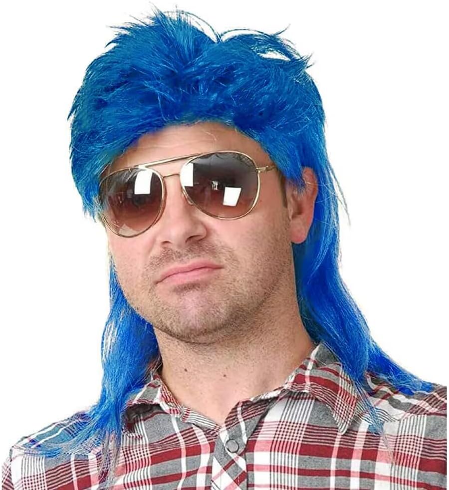 Blue Mullet Wigs for Men 70s 80s Costumes Mens Fancy Party Accessory Cosplay Hair Male Wig