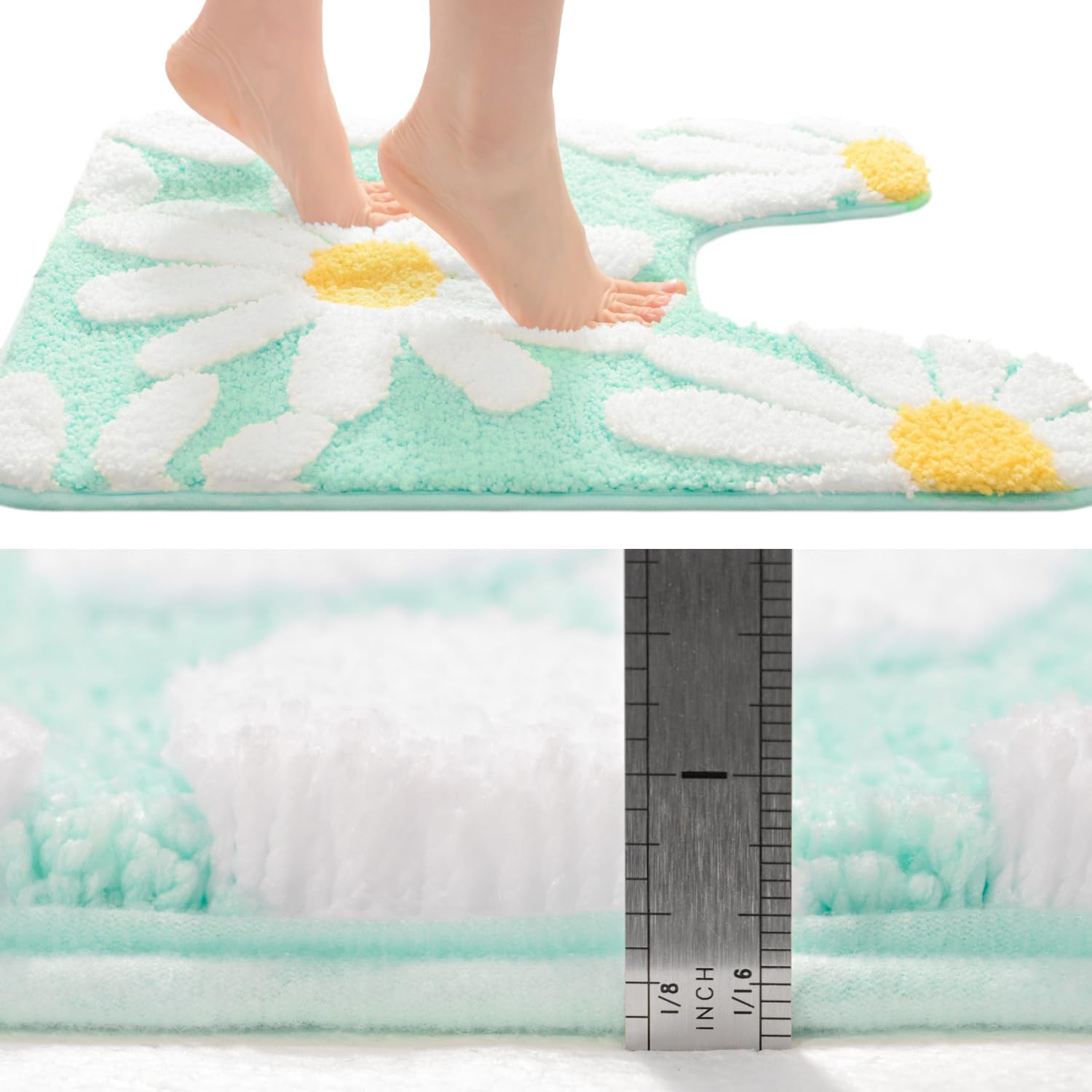 QJHOMO Toilet Rugs U Shaped, Green Toilet Mat Cute Daisy Contour Bath Rug 20"x20", Extra Thick Soft Machine Washable Toilet Carpet, Non Slip Bathroom Floor Mats Super Absorbent Microfiber Bath Rugs - Image 5
