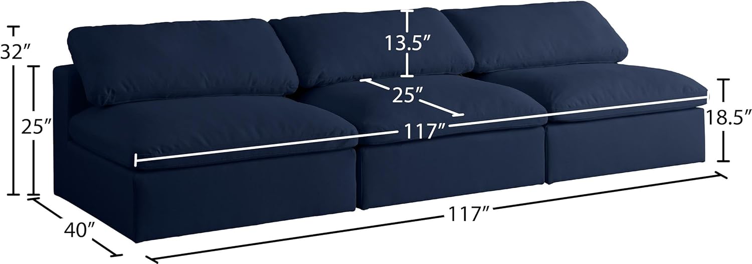 Meridian Furniture 601Navy-S117 Serene Collection Modern | Contemporary Deluxe Comfort Modular Armless Sofa, Soft Linen Textured Fabric, Down Cushions, 117" W x 40" D x 32" H, Navy