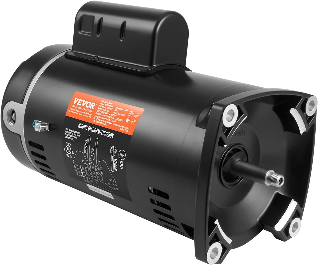 VEVOR 1 HP Pool Pump Motor, 56Y Frame, 115V(9 Amps)/230V(4.5 Amps) 3450RPM, 60Hz, 1.25 Service Factor, 90μF/250V Capacitor, CCW Rotation Square Flange Replacement Motor