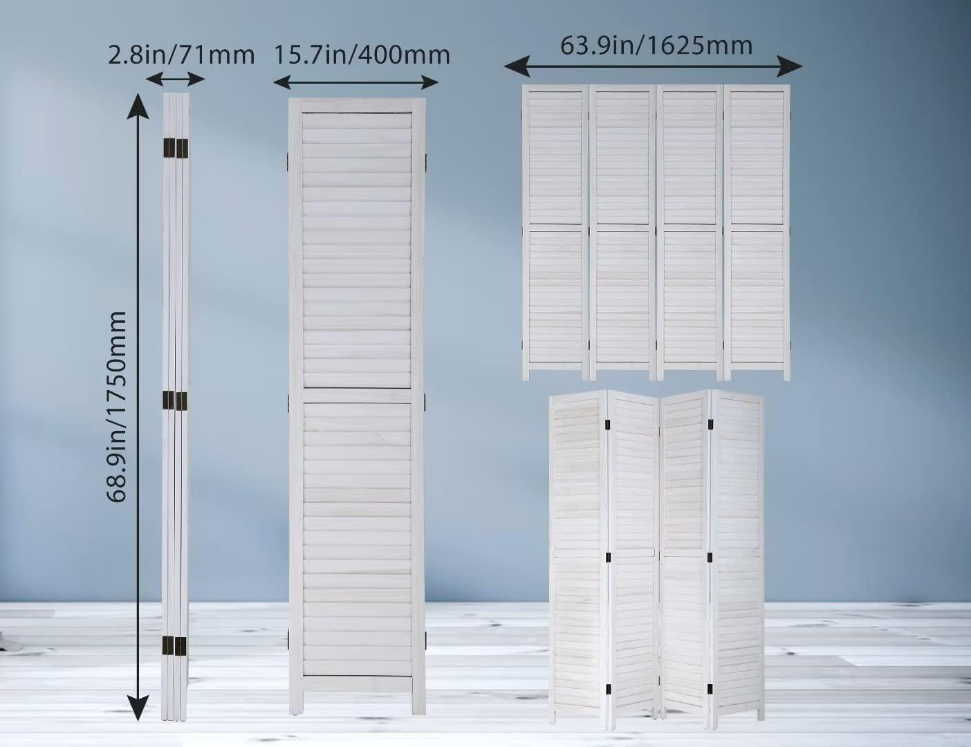 4-Panel Room Divider Louvered Divider Screen Room dividers and Folding Privacy Screens Solid Wood Blackout Privacy Screen Portable Freestanding Room dividers for Home Office Restaurant Bedroom(White)