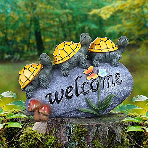 Solar Garden Statue Turtle Outdoor Lights -Welcome Turtles On A Rock Solar Powered Led Outdoor Garden Ornaments，For Indoor Outdoor Yard Statue Decoration，Thanksgiving Christmas 1 Pack #TOP7