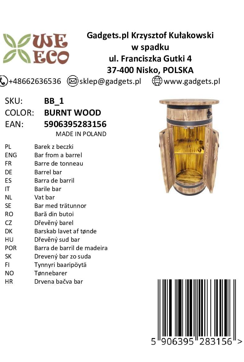 weeco Holzbarfass mit Ablage und LED-Beleuchtung für Alkohol und Gläser – rustikaler Stil, mit Türen und Flaschenöffner, handgefertigt aus Kiefernholz 80x55x40