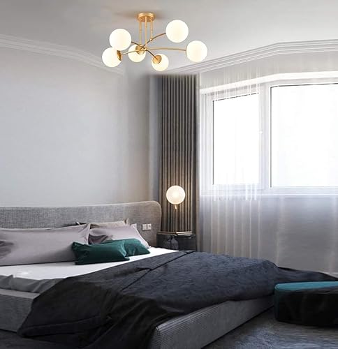 Miniatura 4 de CLAXY Lámpara de techo dorada de mediados de siglo, lámpara de techo semiempotrada con forma de globo de ópalo de 6 luces Sputnik para dormitorio,