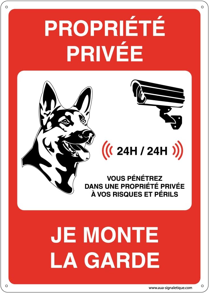 AUA SIGNALETIQUE - Panneau signalisation propriété privée attention chien : je monte la garde - 150x105 mm, PVC 1.5mm
