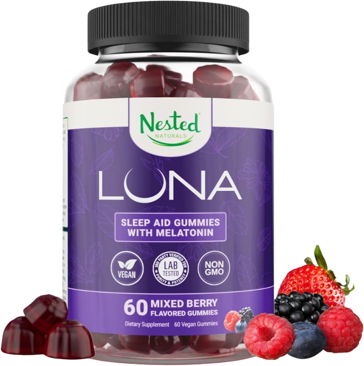 Luna Sleep Gummies - Non-Habit Forming Melatonin Gummies 3mg with L-Theanine, Valerian Root, GABA, and Lemon Balm - Sleep Gummy for Adults - Mixed Berry, 60 Vegan Gummies