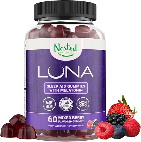 Nested Naturals Luna Sleep Gummies - Gomitas de Melatonina No Formadoras de Hábito de 3mg con L-Teanina, Raíz de Valeriana, GABA y Melisa - Gomitas