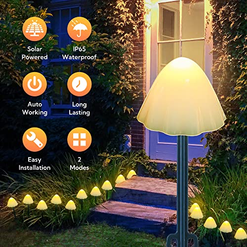 Pellimo Solar Garden Lights,Set Of 12Pcs 14.5Ft Mini Mushroom Solar Lights Outdoor Waterproof,2 Modes Cute Mushroom Shaped Pathway Lights For Patio Yard Garden Christmas Decoration（Warm White） #TOP1