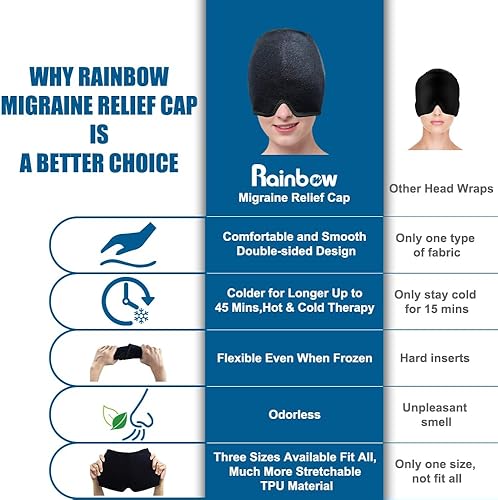 Miniatura 3 de RAINBOW Gorro para aliviar el dolor de cabeza de migraña, paquete frío de gel inodoro para terapia de frío y calor reversible, gorra de alivio de