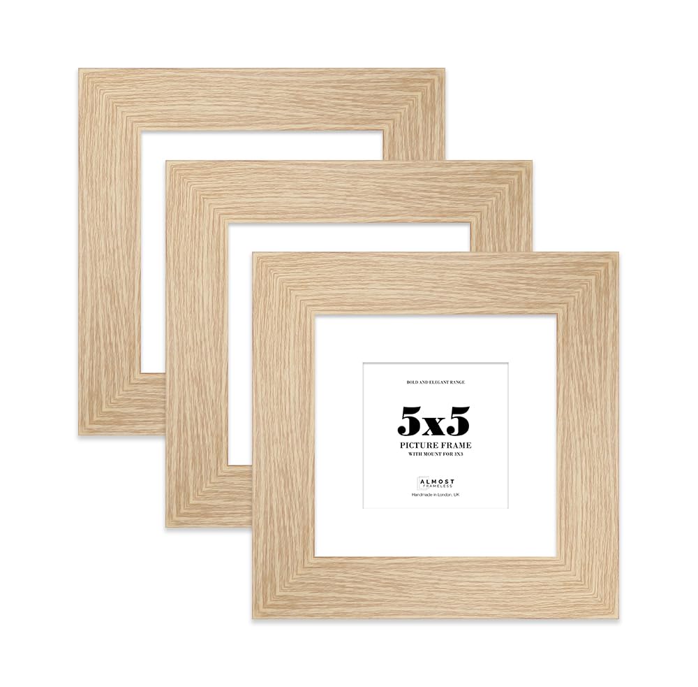 5x5" Oak Square Frame With Mount for 3x3" Pictures 28mm Edge Frame Display with Wall Hooks and Kickstand, 3 Pack