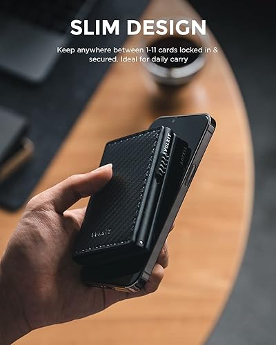 Miniatura 4 de VULKIT Tarjetero minimalista cartera de cuero de grano tarjetas emergentes protección RFID con capacidad para hasta 10 tarjetas Marrón Retro