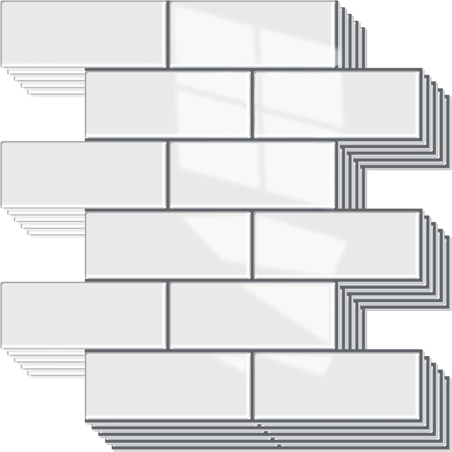 WADILE 3D Peel and Stick Subway Wall Tiles, 5PCS Aluminum Foil Backing Foam Brick Panels for Kitchen Bathroom Backsplash, Waterproof Self Adhesive Wall Stickers, White