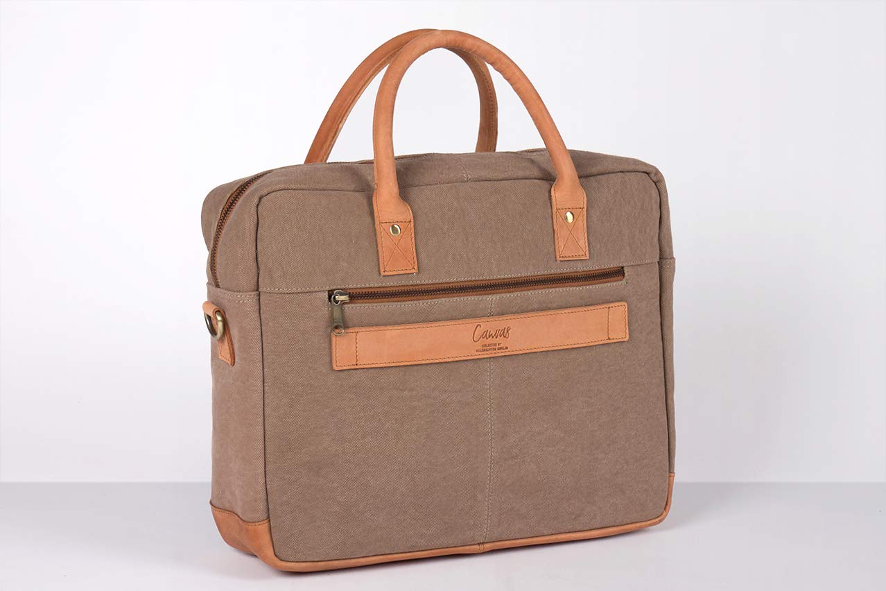 HOLZRICHTER Berlin - Aktentasche für Herren aus Canvas und Echtleder, 30 x 39 x 10 cm, 15" Laptoptasche mit Reisverschluss, Briefcase handgefertigt, No 1-2