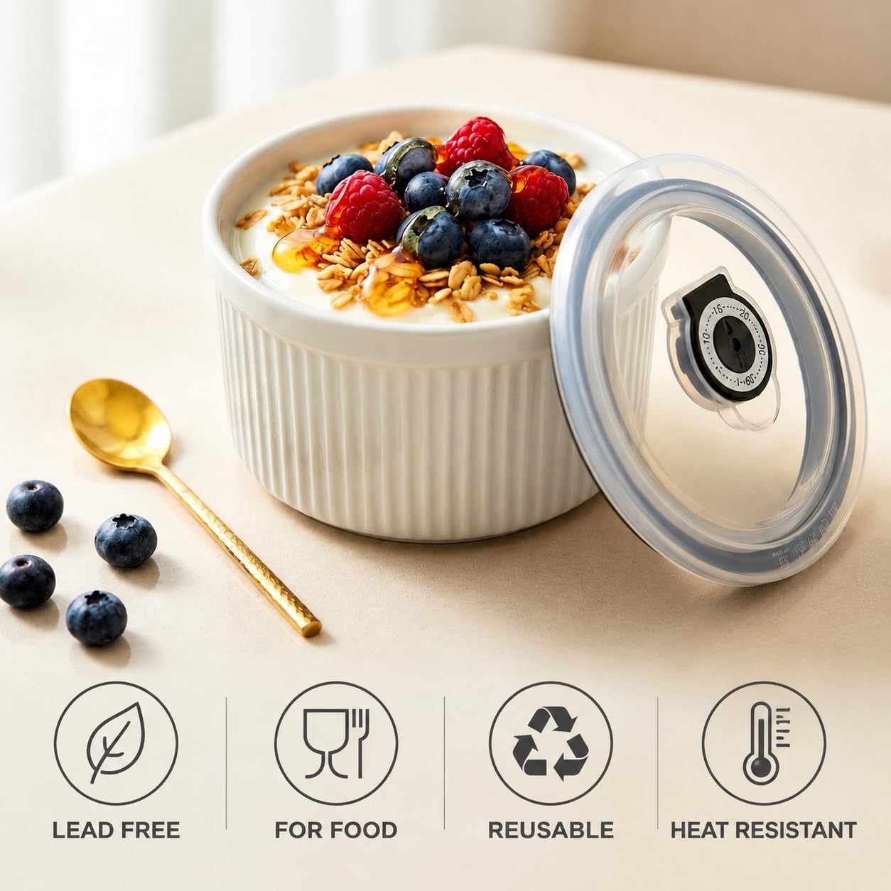 Pirottini con coperchio, adatti al forno, 400 ml, per crème brûlée con coperchio, piccoli pirottini in porcellana per cottura, souffle, salse, dessert, set di 4, bianco (11,4 cm)